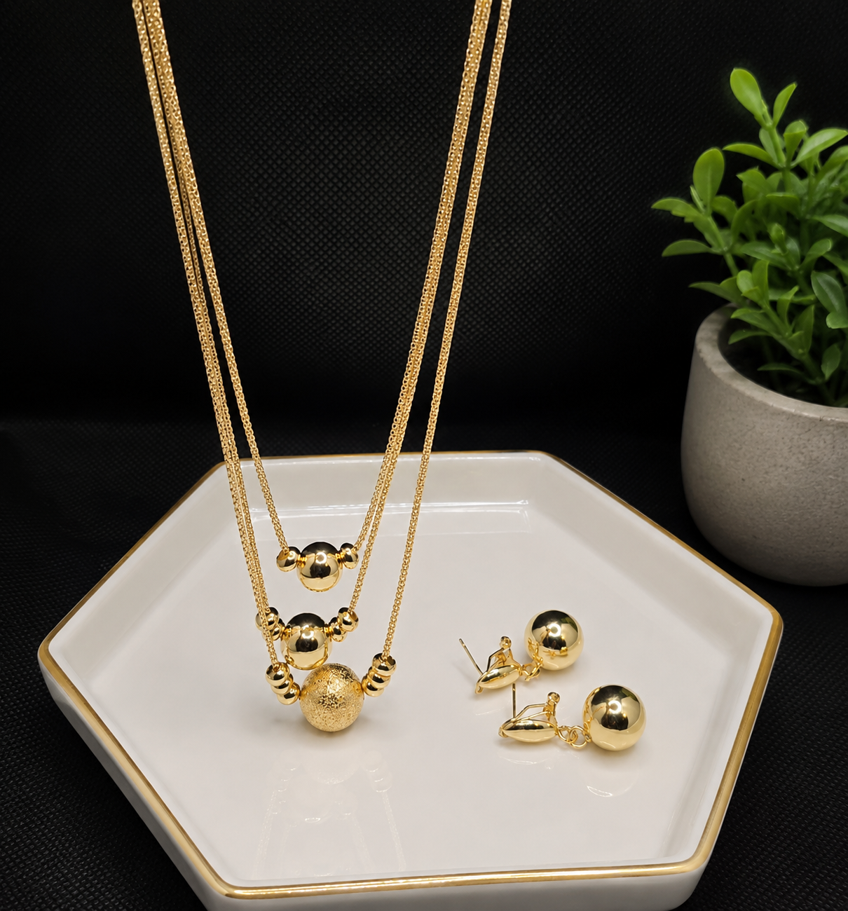 Ball Layered Gold Necklace & Earrings Set