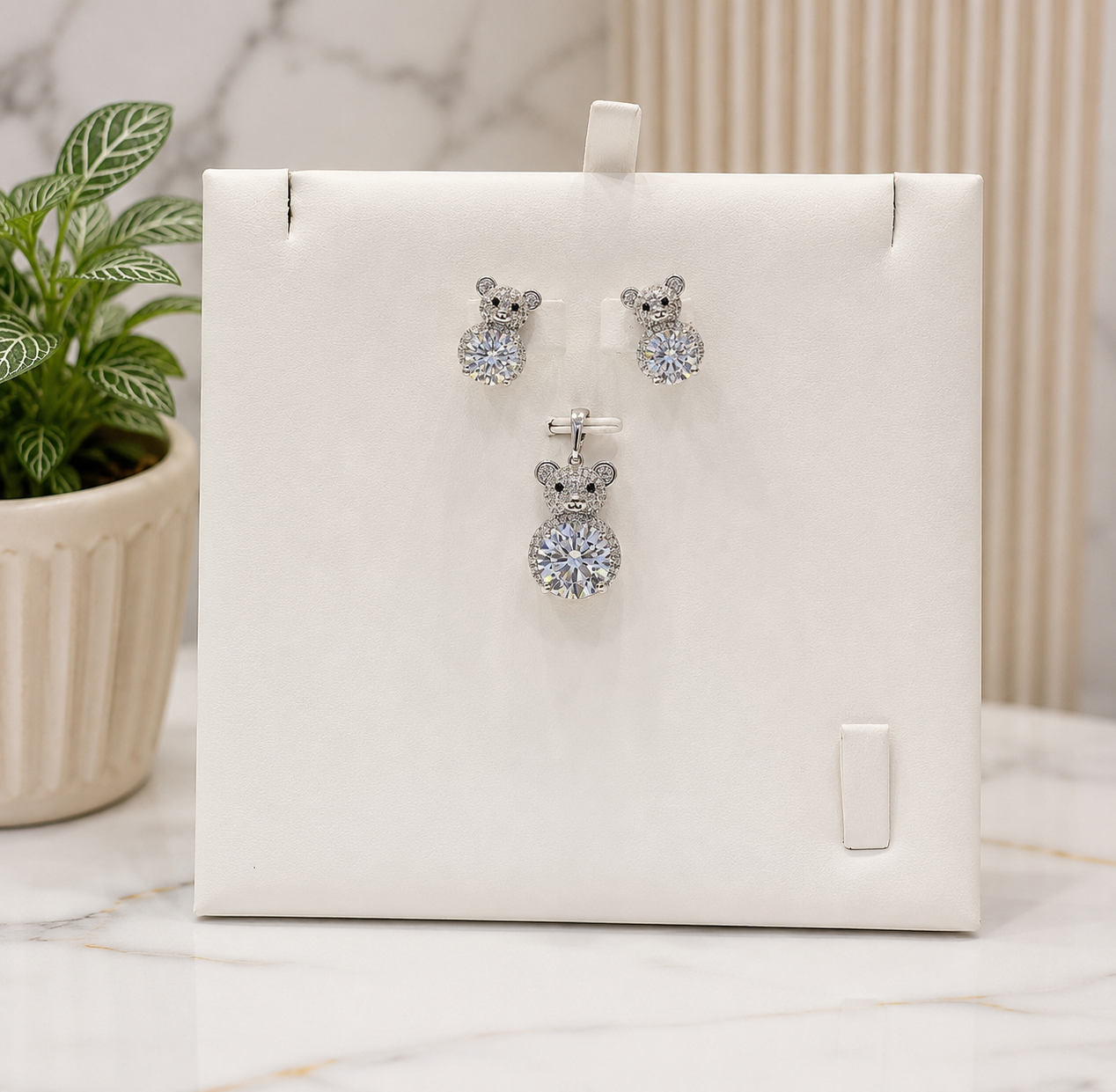 Teddy Bear Zirconia Earrings & Pendant Set