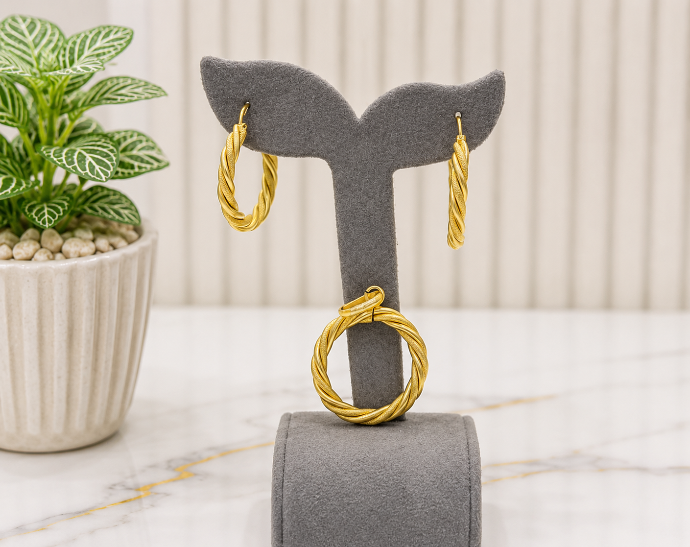 Twisted Gold Hoop Earrings & Pendant Set