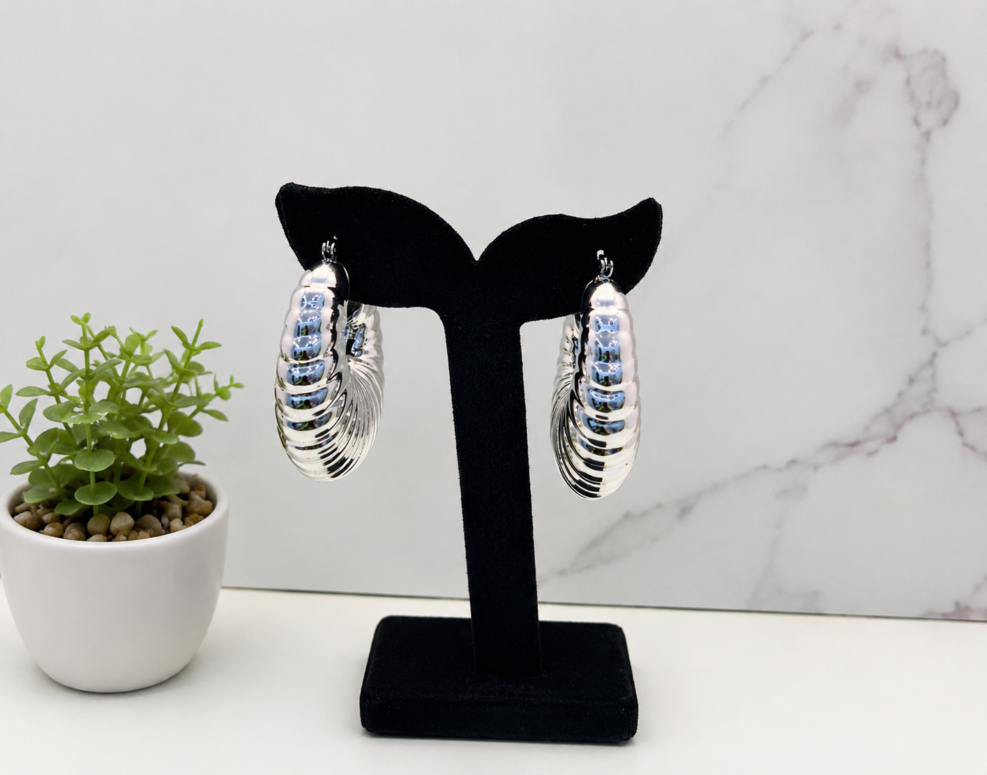 Silver Ribbed Statement Hoop Earrings