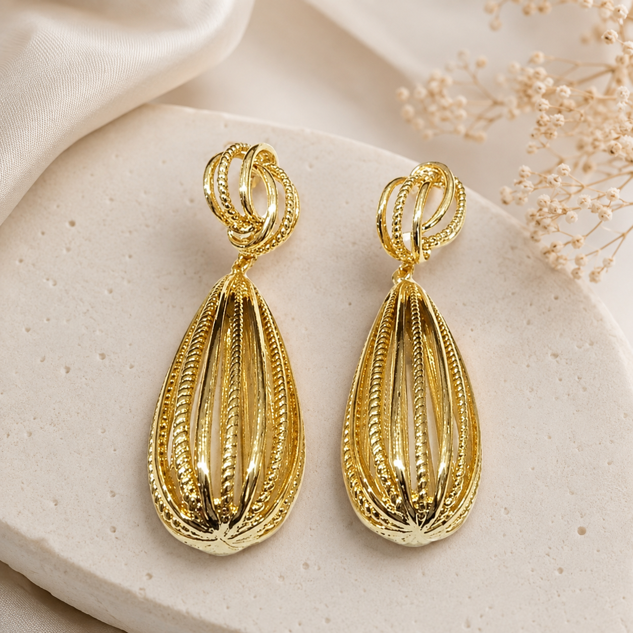Gold Textured Teardrop Drop Earrings