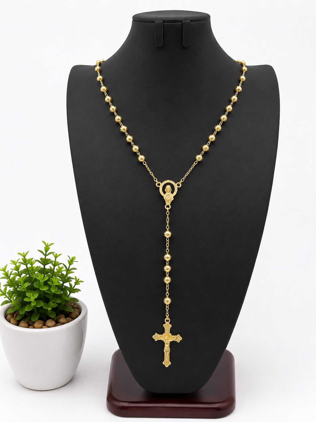 Gold Beaded Rosary Chain with Cross Pendant
