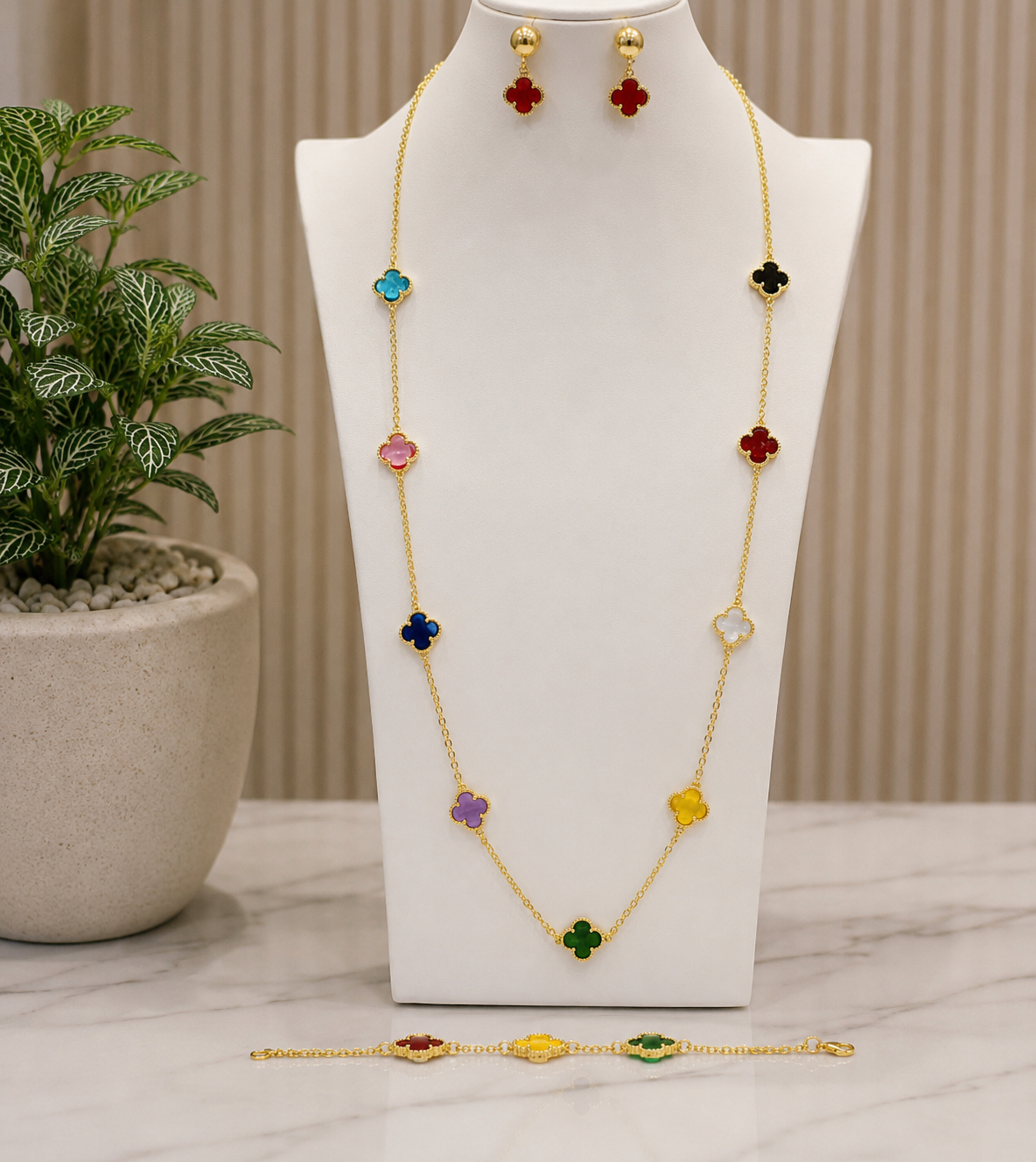Multicolour Clover Necklace, Bracelet & Earrings Set