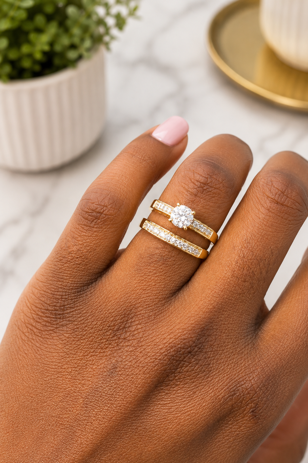 Classic Gold Solitaire Crystal Wedding Ring Set