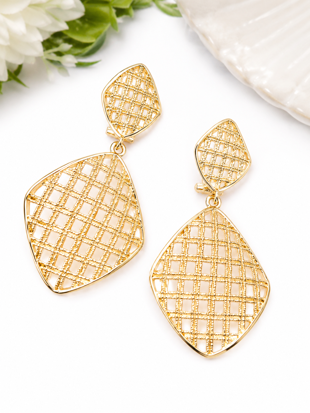Gold Textured Lattice Drop Earrings