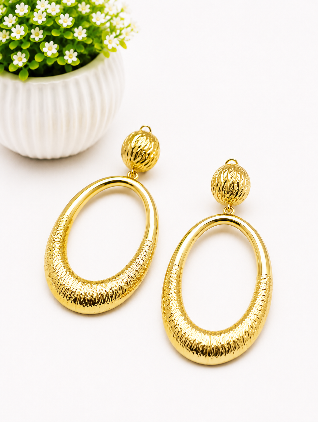 Gold Textured Bold Oval Drop Earrings