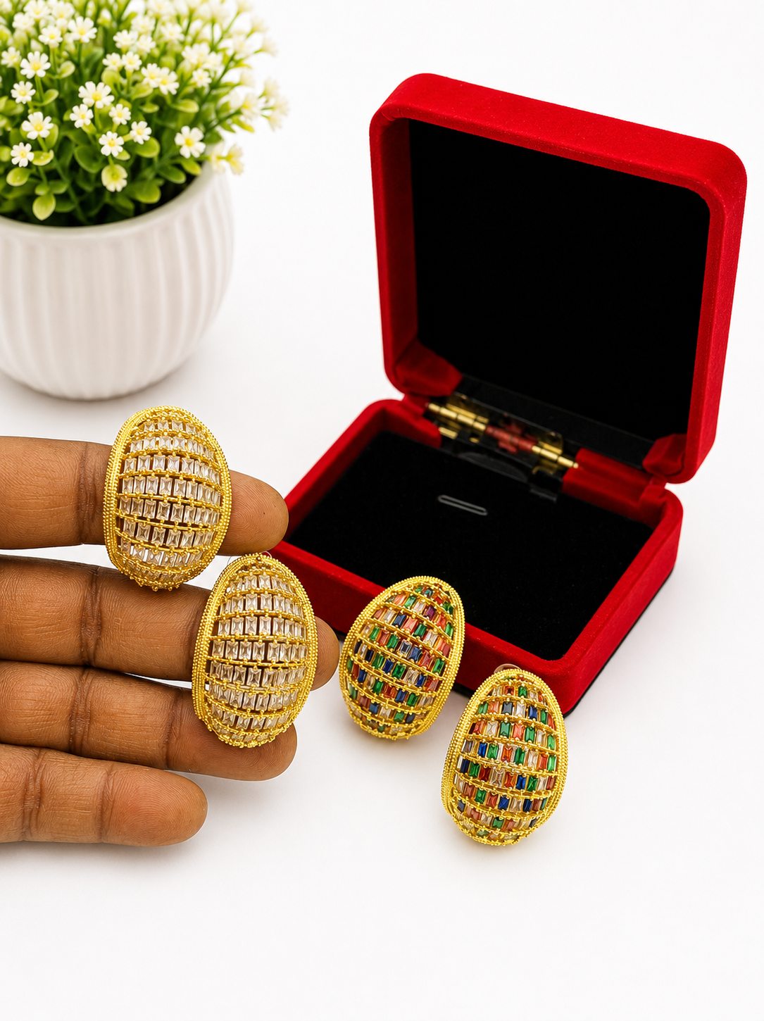 Gold Crystal Lattice Oval Stud Earrings