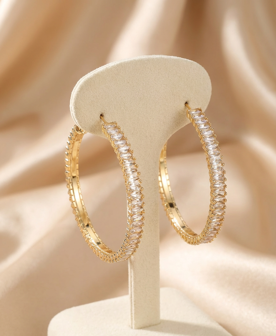 Gold With Silver Crystal Textured Hoop Earrings