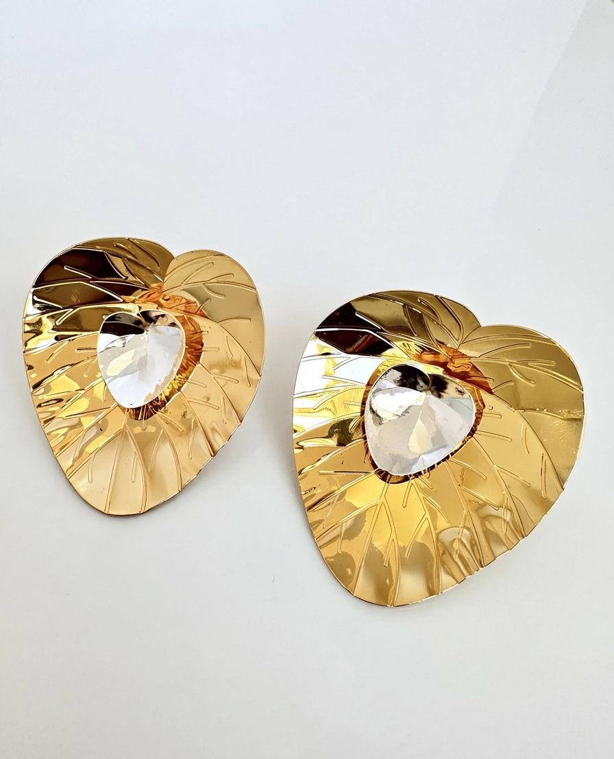 Bold Gold Heart Statement Earrings with Crystal Centre