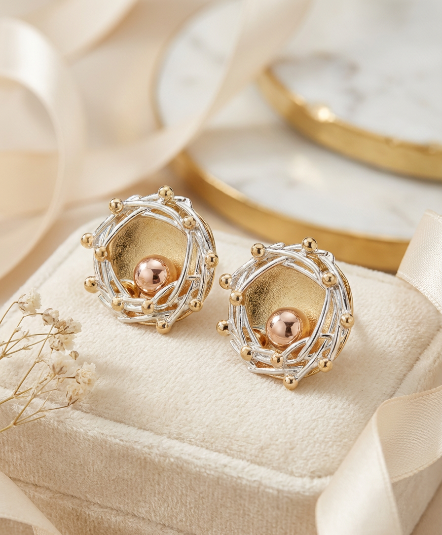 Three-Tone Gold & Silver Textured Stud Earrings