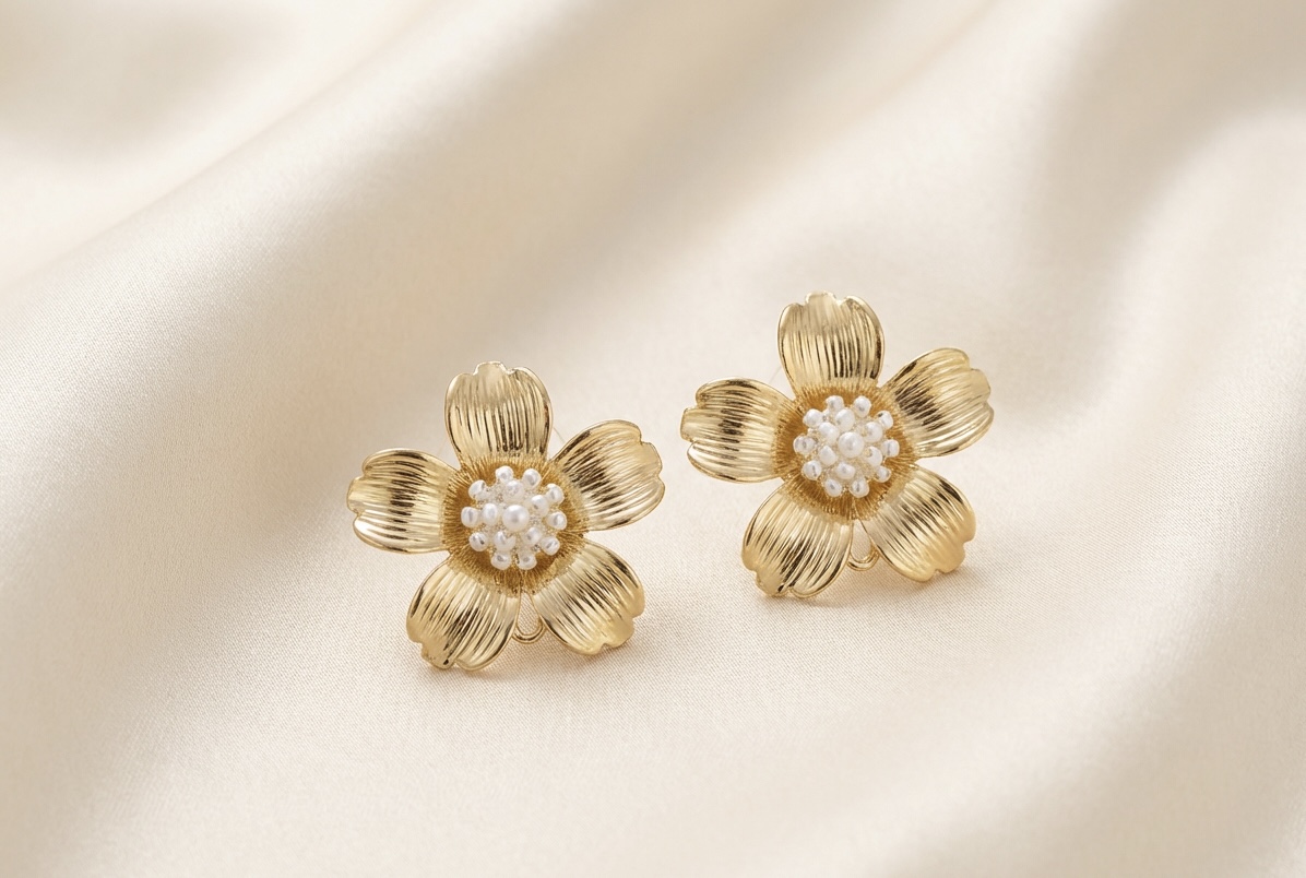 Gold Flower Pearl Stud Earrings