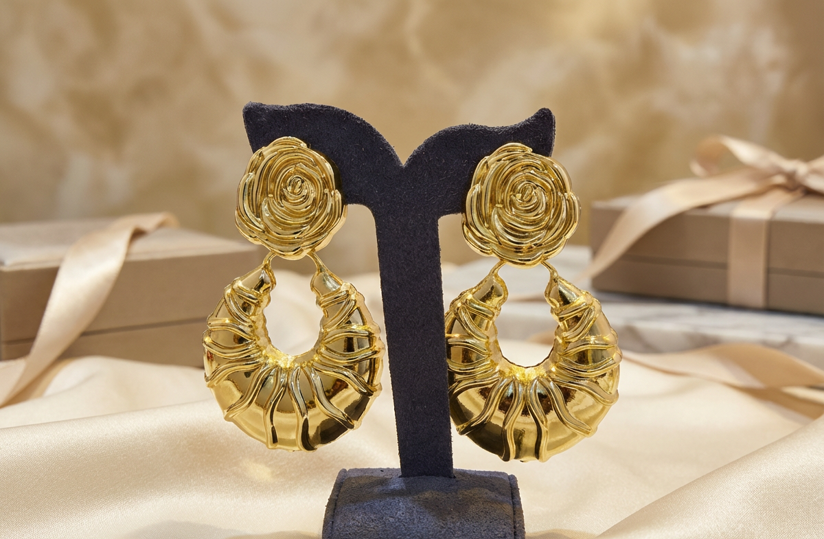 Bold Gold Rose Drop Earrings