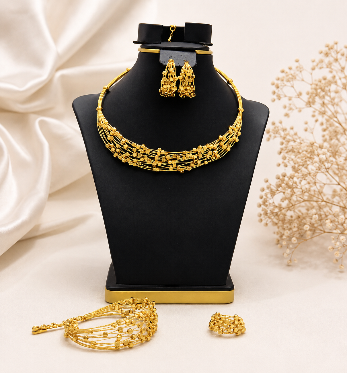 Gold Multi-Strand Beaded Statement Jewelry Set