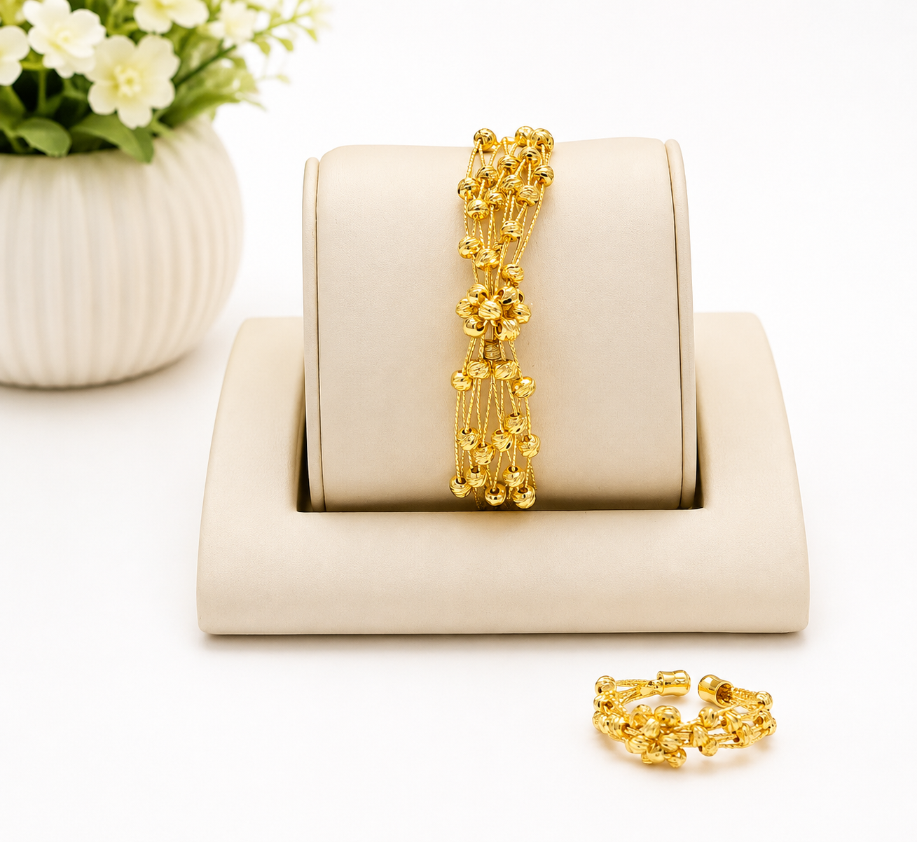 Gold Floral Beaded Bracelet & Ring Set