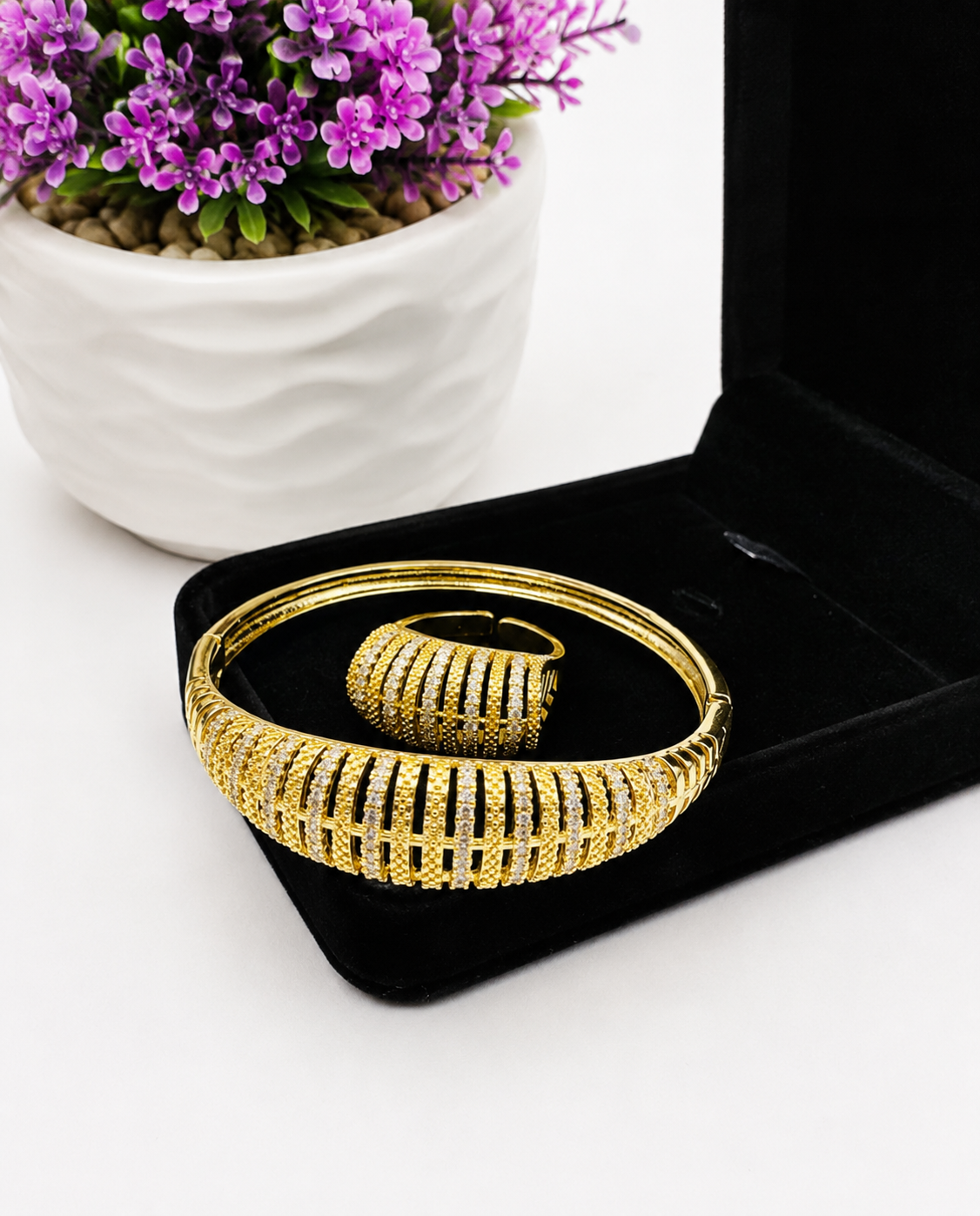 Elegant Gold-Tone Crystal Cuff Bracelet & Ring Set