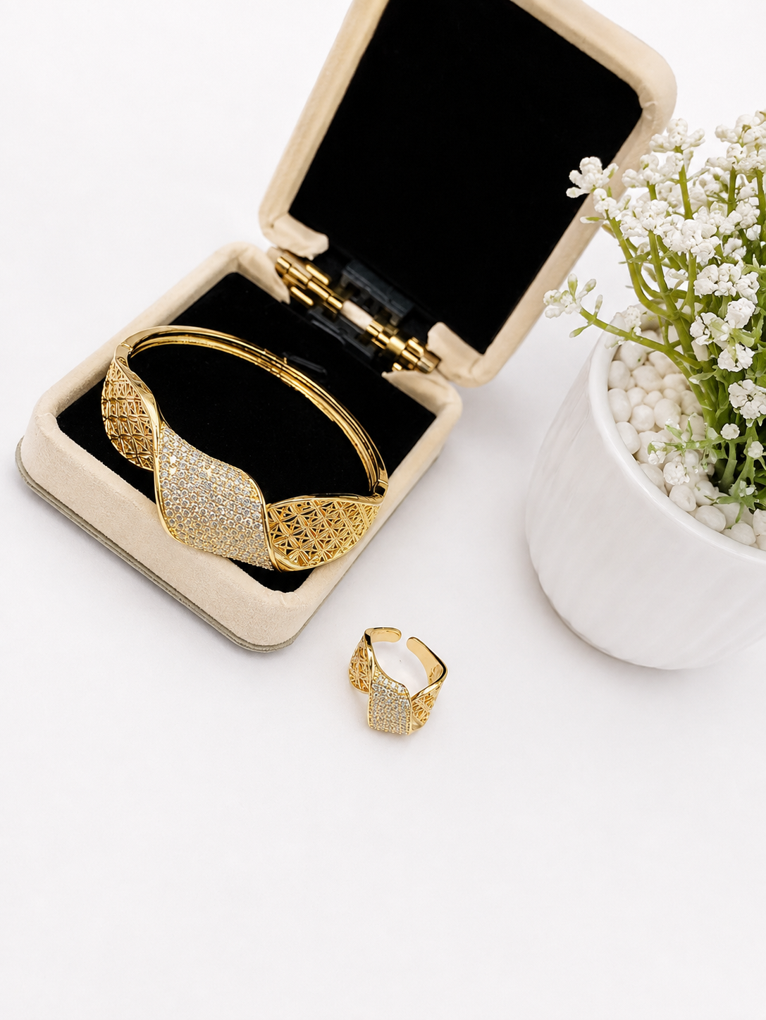 Elegant Gold-Tone Statement Bracelet & Ring Set