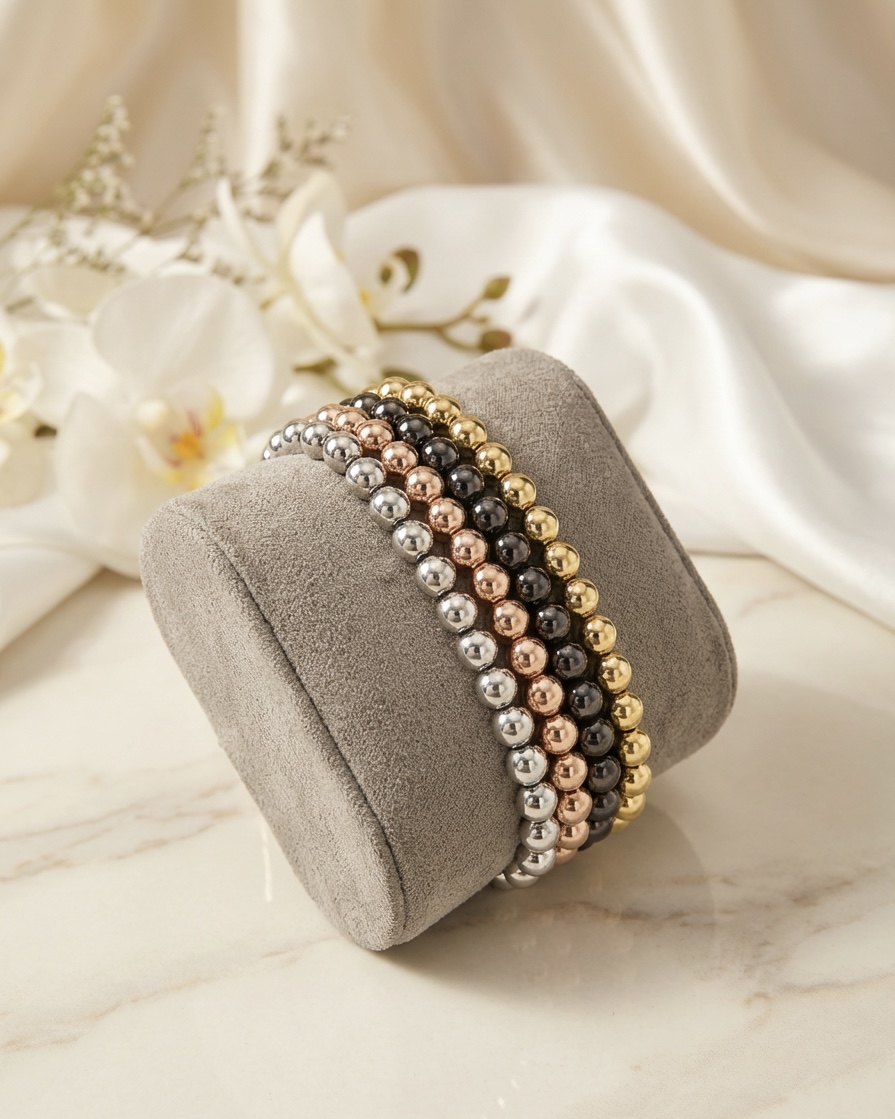 4PC Mixed-Tone Beaded Stretch Bracelet Set
