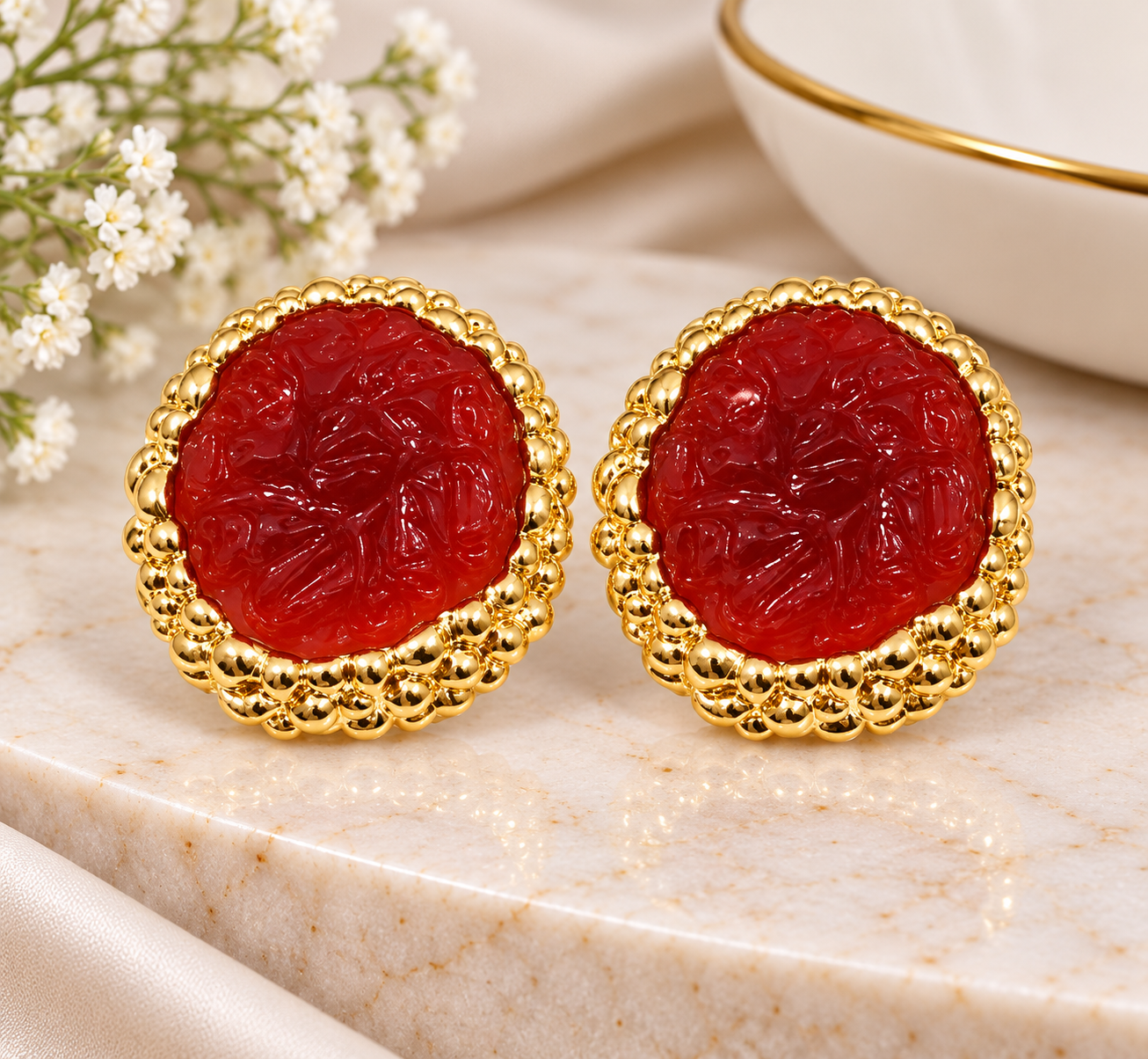 Red Textured Statement Stud Earrings – Gold Tone