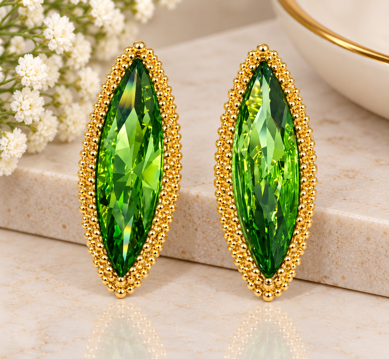 Emerald Green Marquise Statement Earrings – Gold Tone