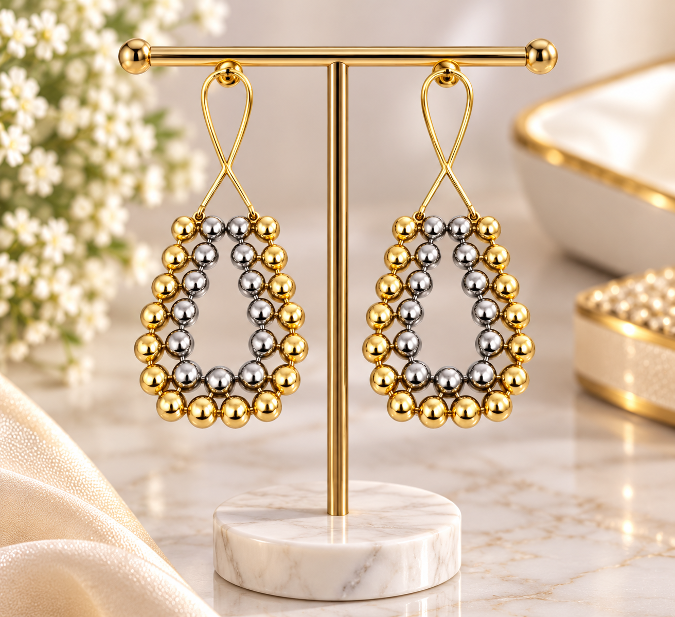 Gold & Silver Beaded Teardrop Statement Earrings