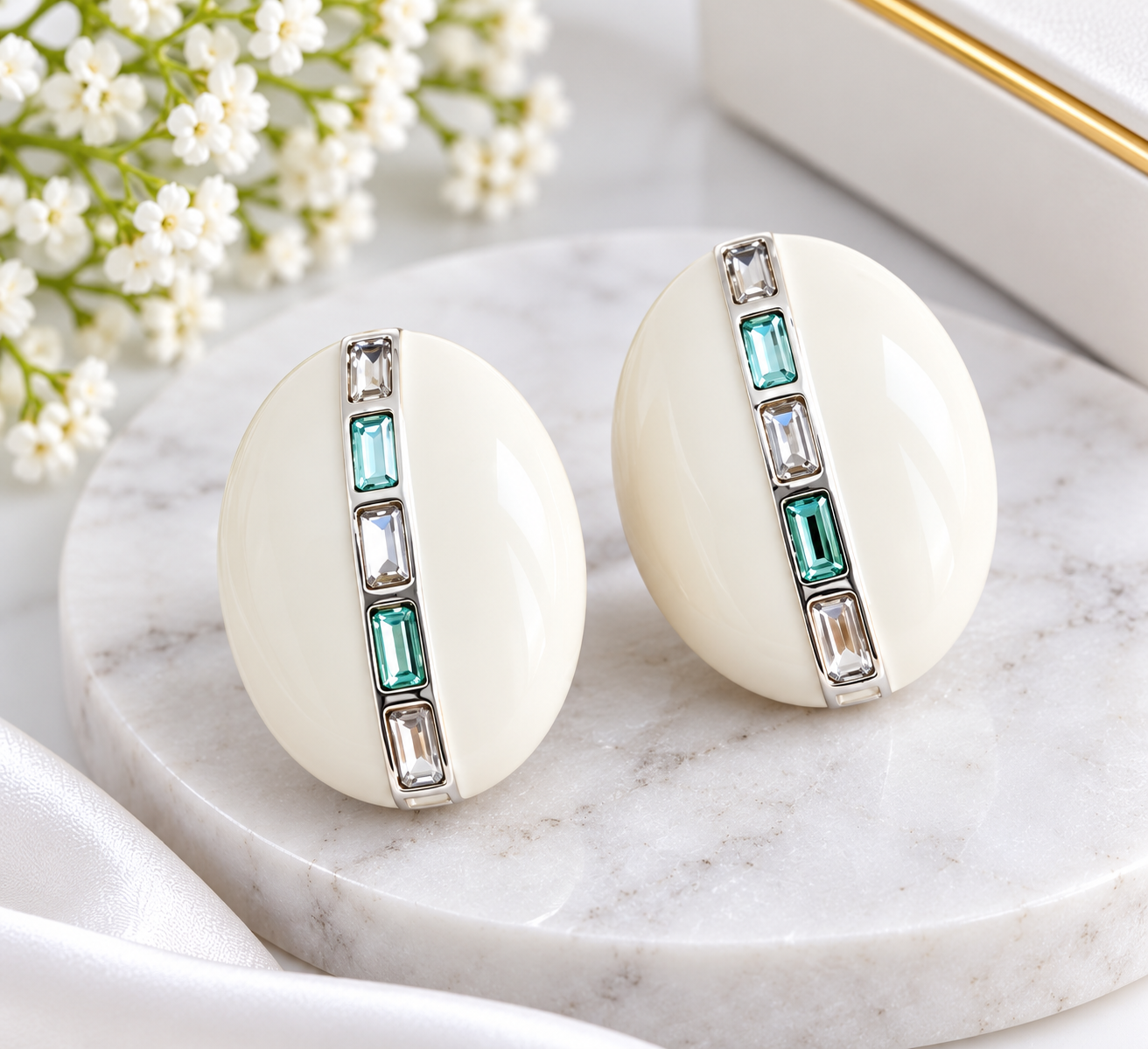White Oval Statement Earrings with Crystal Accents