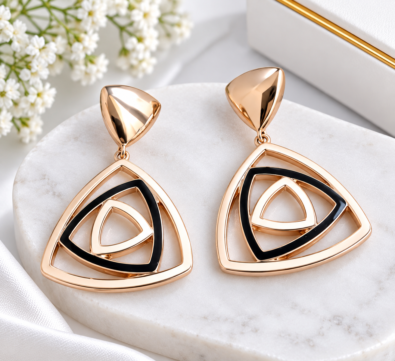 Rose Gold & Black Geometric Statement Drop Earrings