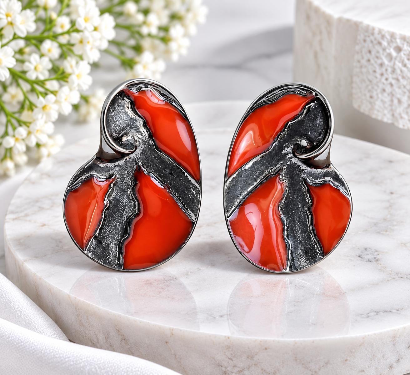 Red & Black Abstract Statement Earrings
