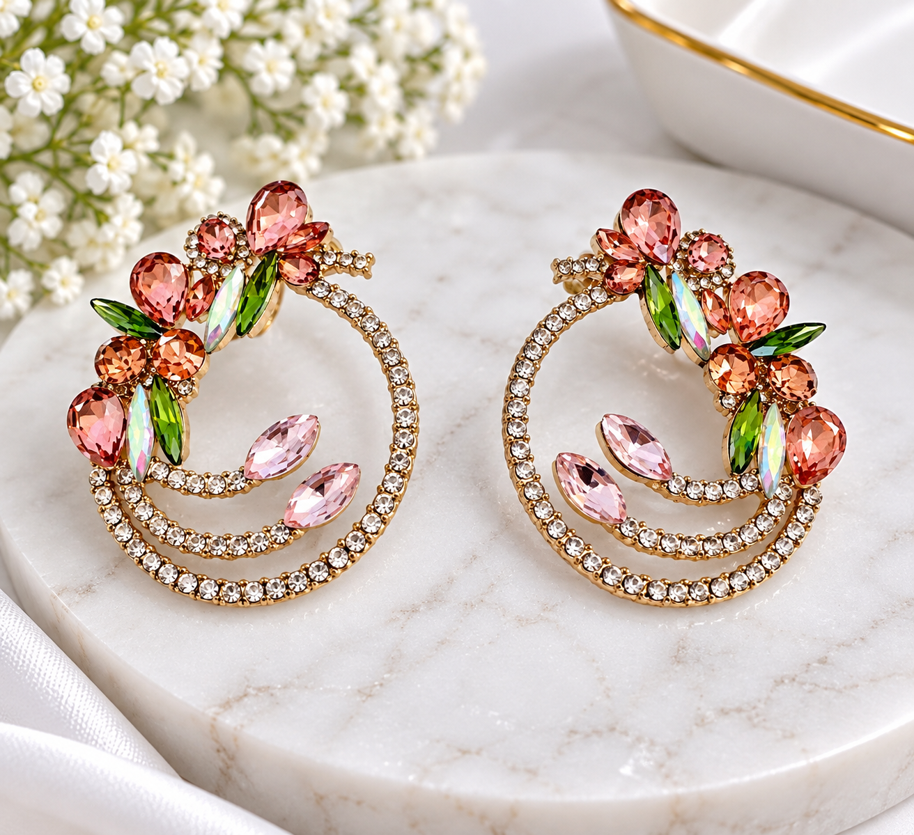 Floral Crystal Hoop Statement Earrings