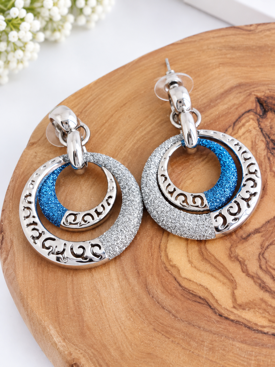 Blue & Silver Double Hoop Statement Earrings
