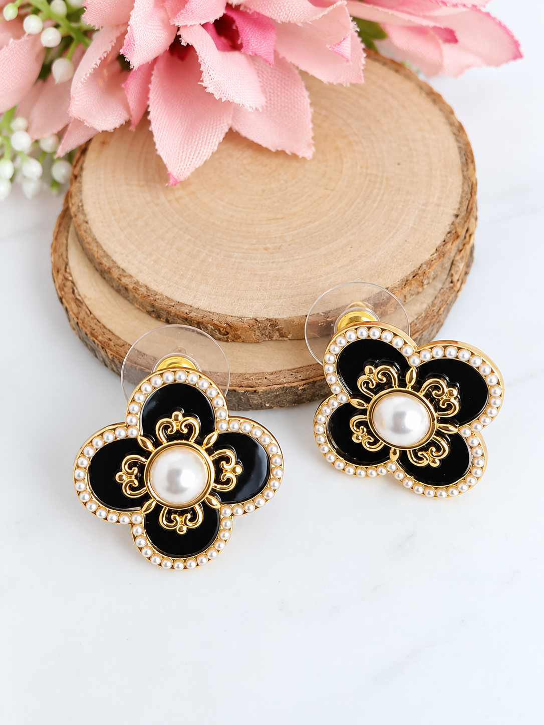 Black Enamel & Pearl Flower Statement Earrings