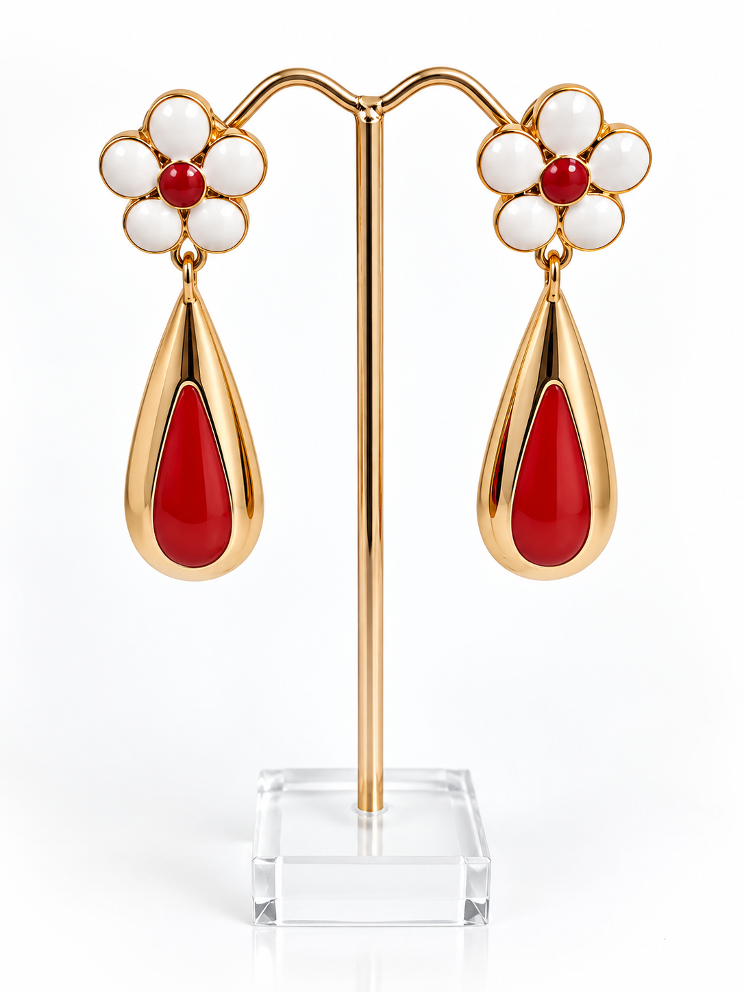 Gold Floral Red Teardrop Drop Earrings