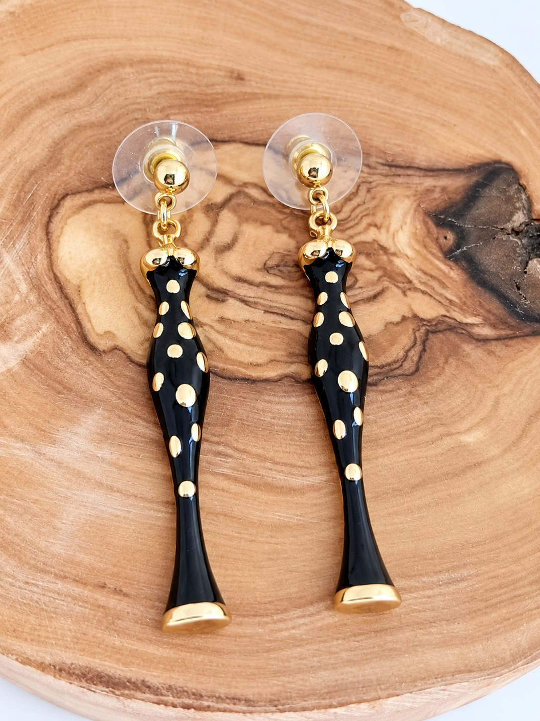 Black & Gold Polka Dot Long Drop Earrings