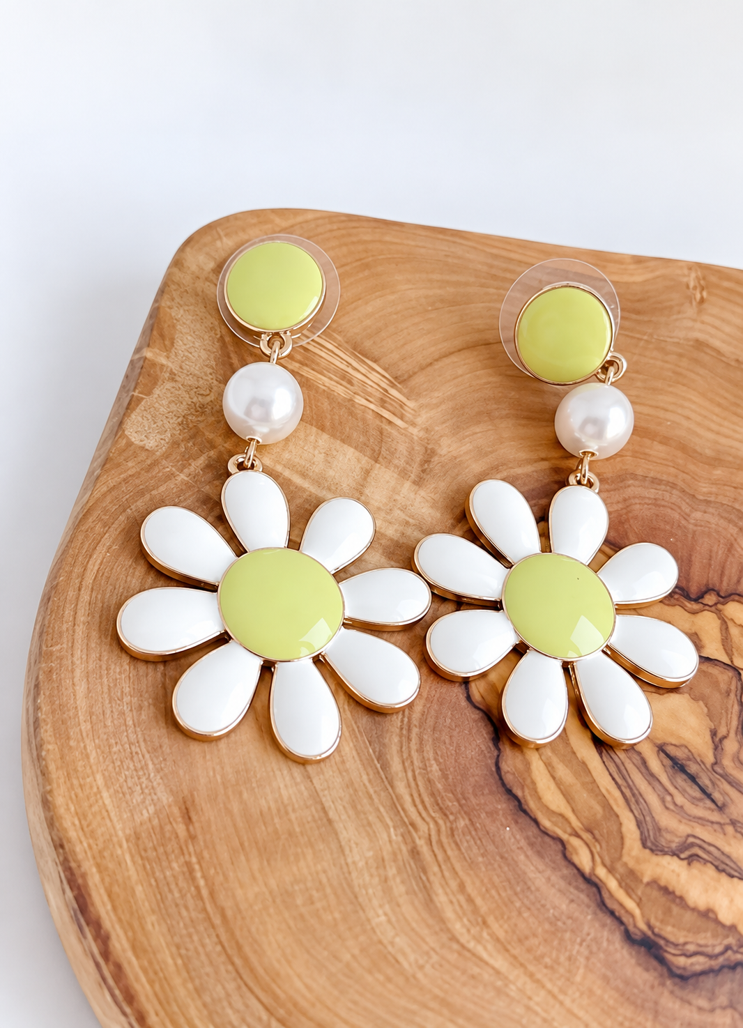 Lime Green & White Floral Pearl Drop Earrings