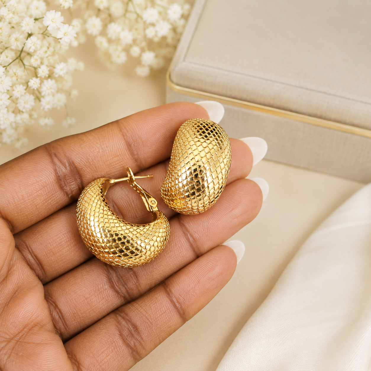 Gold Mesh Textured Hoop Earrings