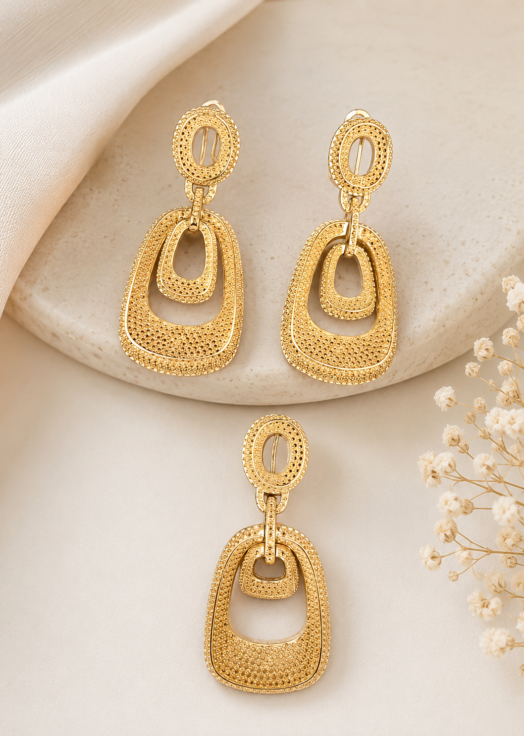 Textured Gold Earrings & Pendant Set
