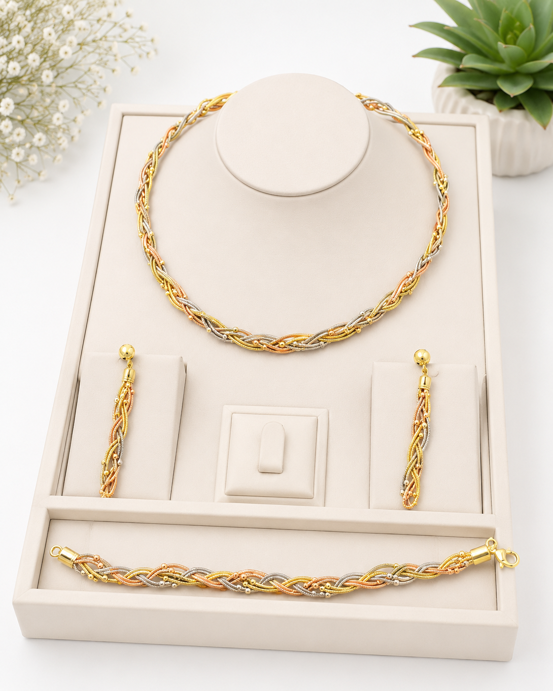 Elegant Three-Tone Woven Jewellery Set