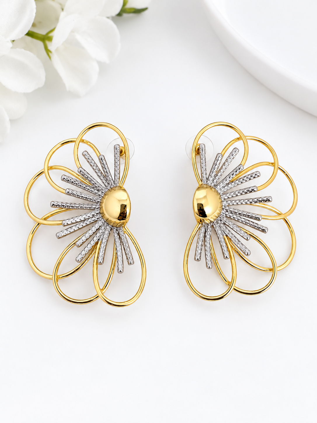 Elegant Gold & Silver Floral Statement Earrings