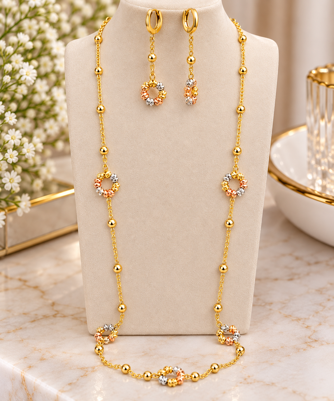 Three-Tone Long Necklace & Earrings Set