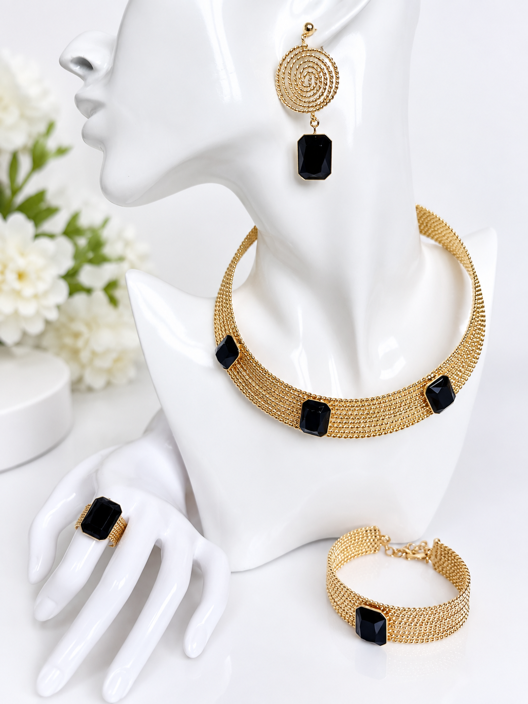 Elegant Gold-Tone Black Stone Jewellery Set