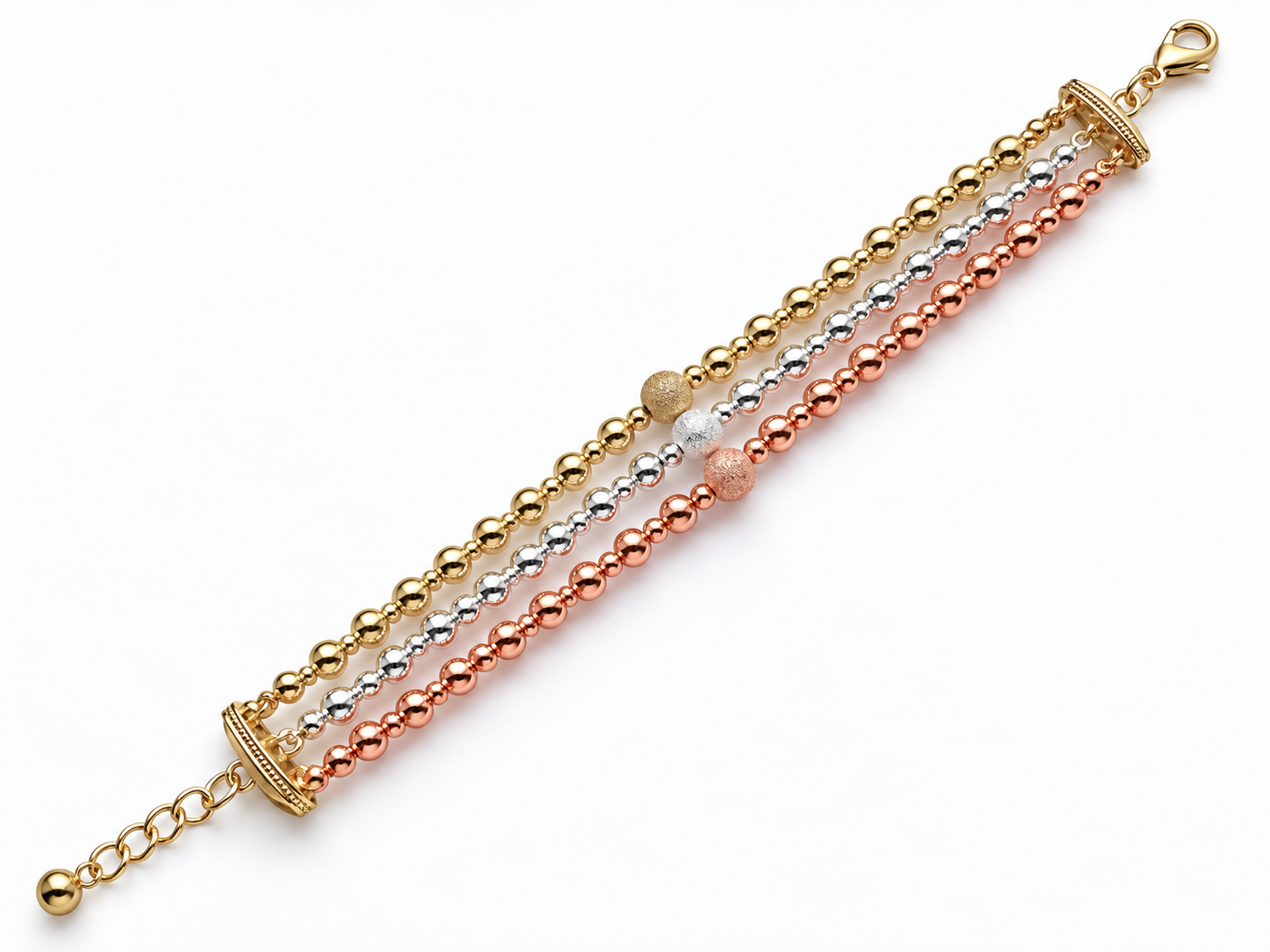 Tricolour Gold, Silver & Rose Gold Beaded Bracelet