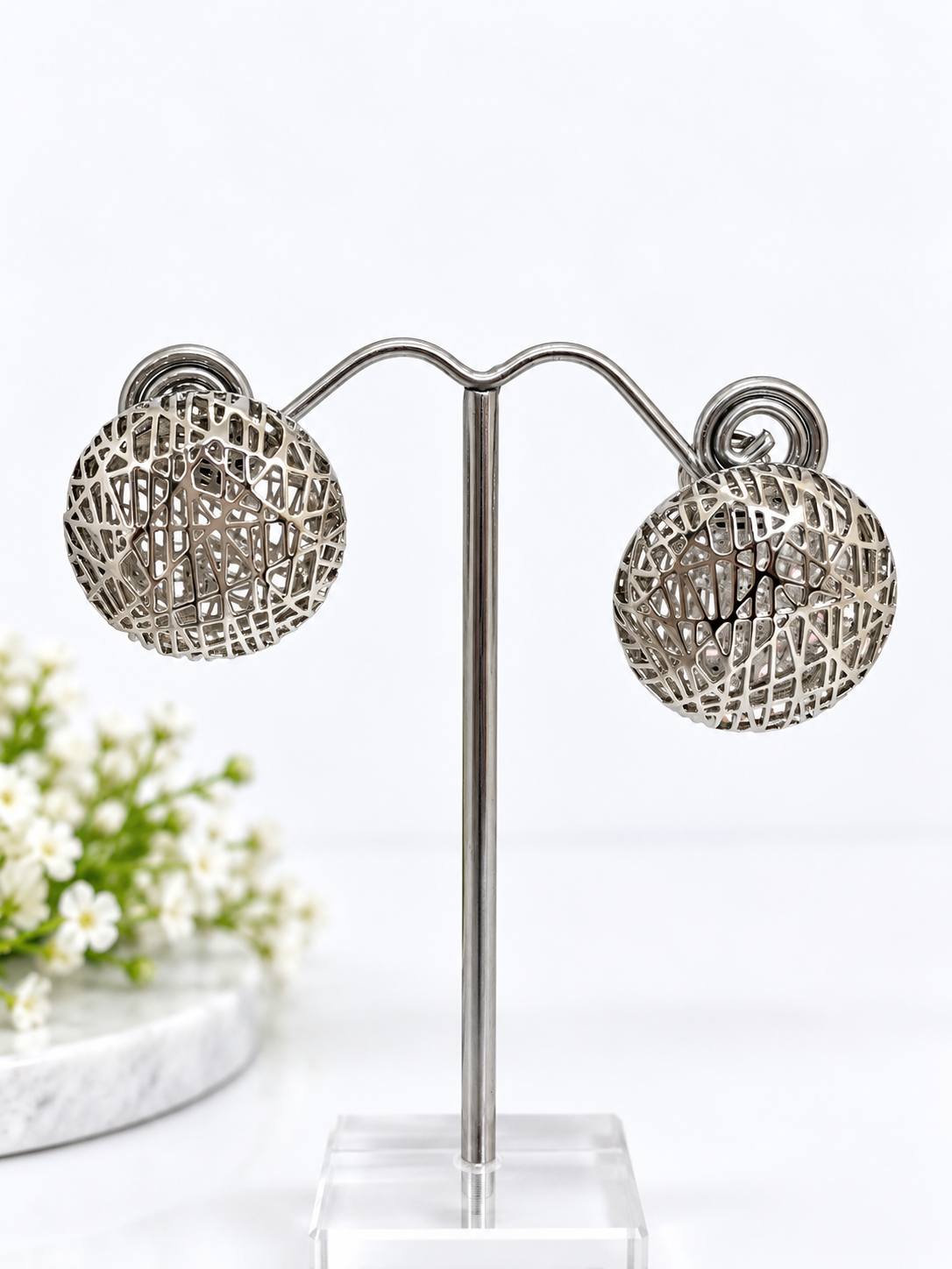 Silver-Tone Textured Openwork Round Earrings