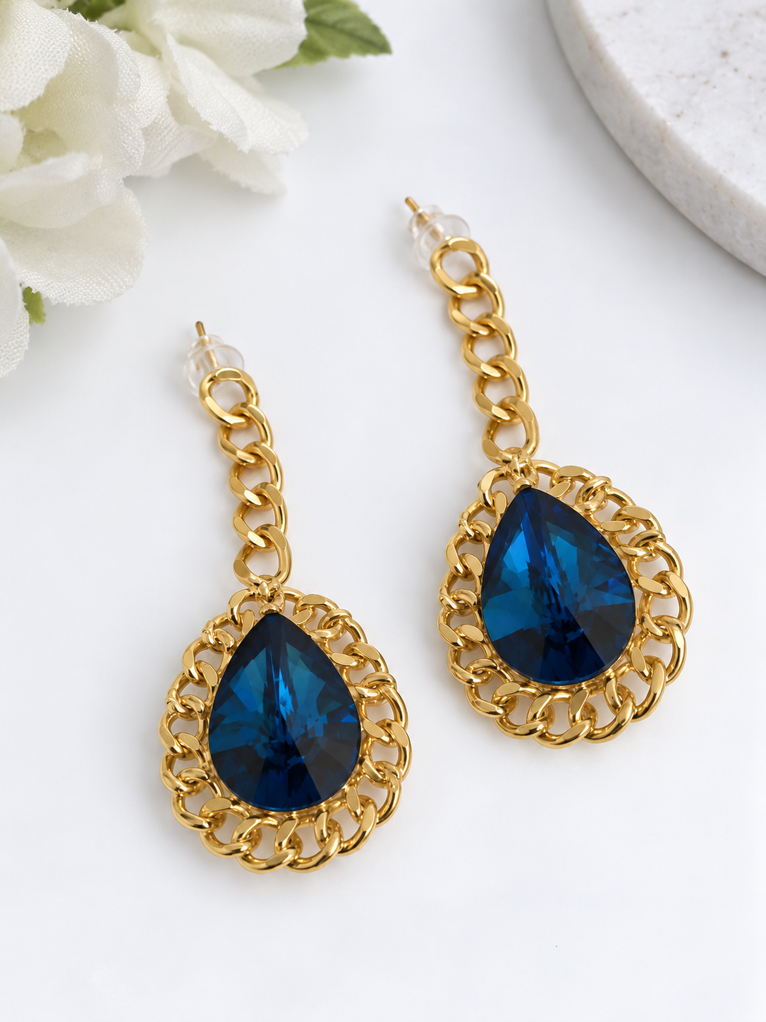 Gold-Tone Blue Teardrop Crystal Drop Earrings
