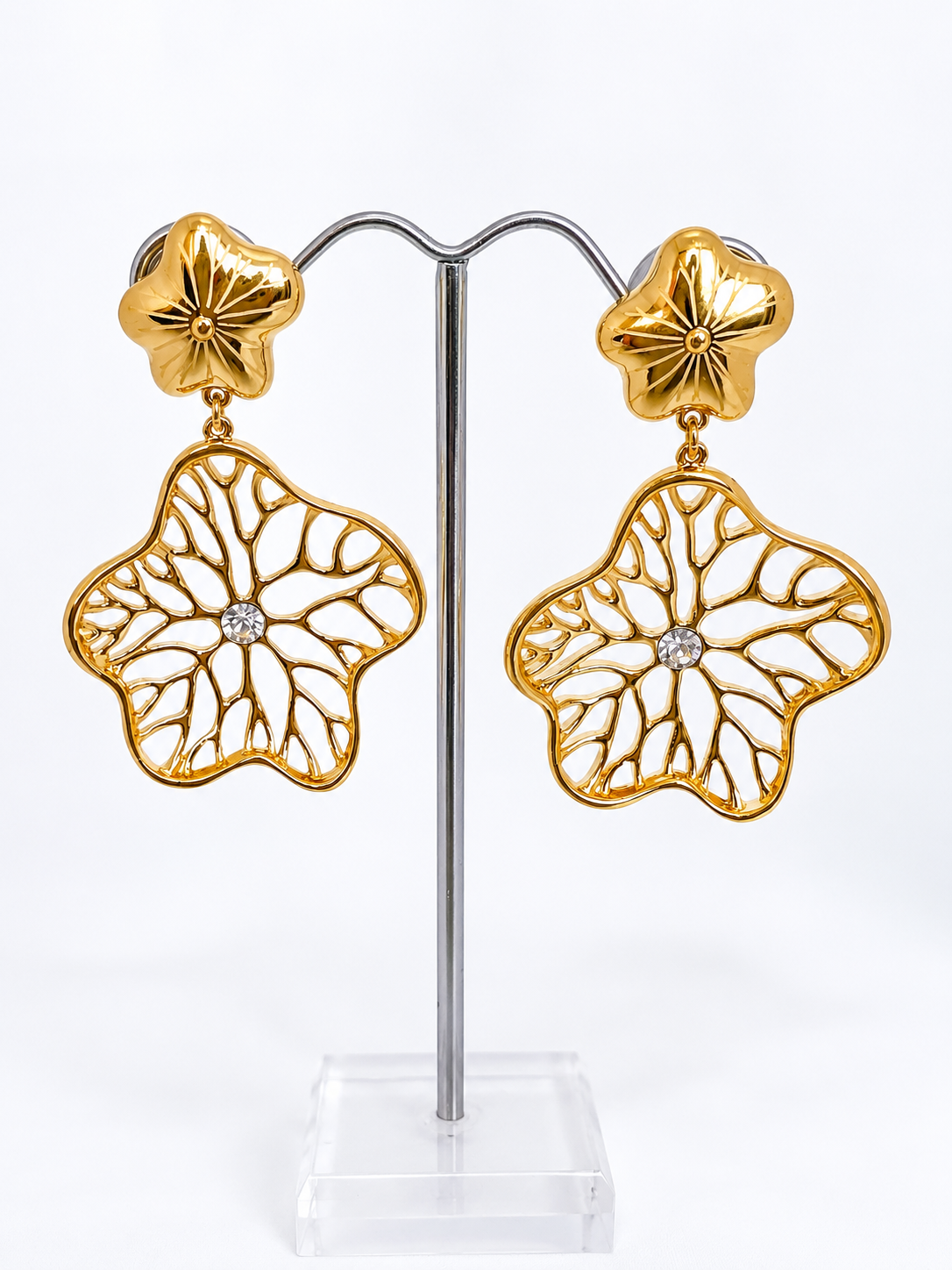 Gold-Tone Floral Drop Earrings with Crystal Detail
