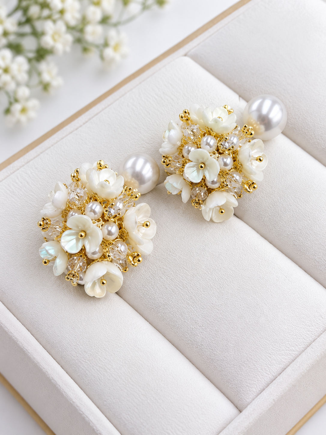 Elegant Pearl & Floral Cluster Statement Earrings