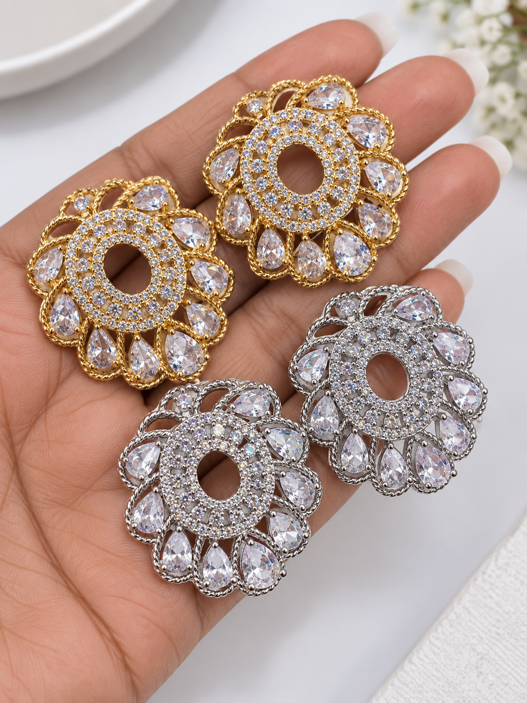 Crystal Floral Statement Earrings – Gold & Silver