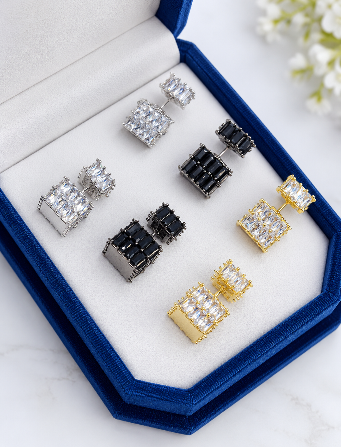 Crystal Square Stud Earrings – Gold, Black & Silver
