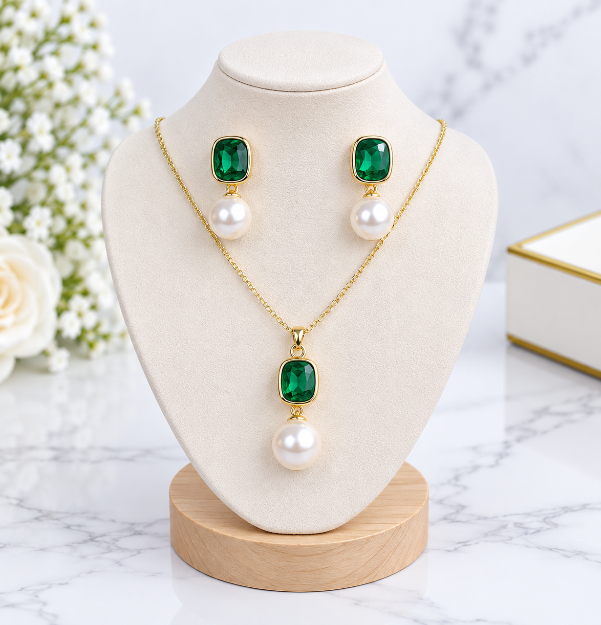 Emerald Green Crystal & Pearl Jewellery Set – Gold-Tone Necklace & Earrings
