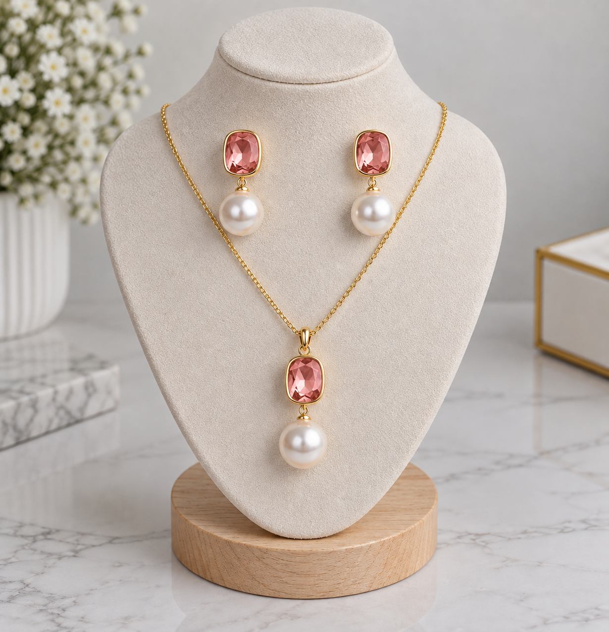 Blush Pink Crystal & Pearl Jewellery Set – Gold-Tone Necklace & Drop Earrings