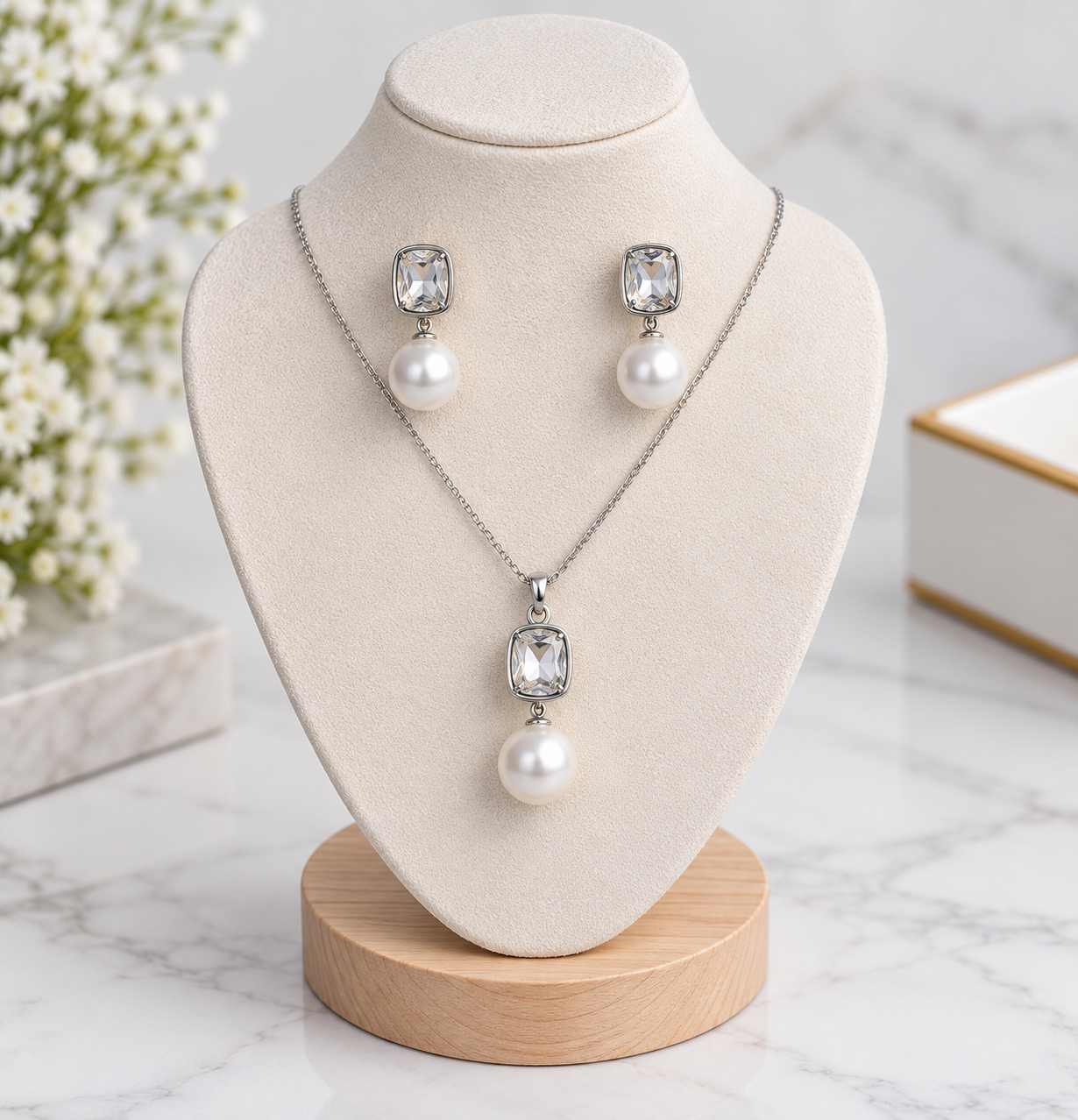 Silver Crystal & Pearl Jewellery Set – Necklace & Drop Earrings