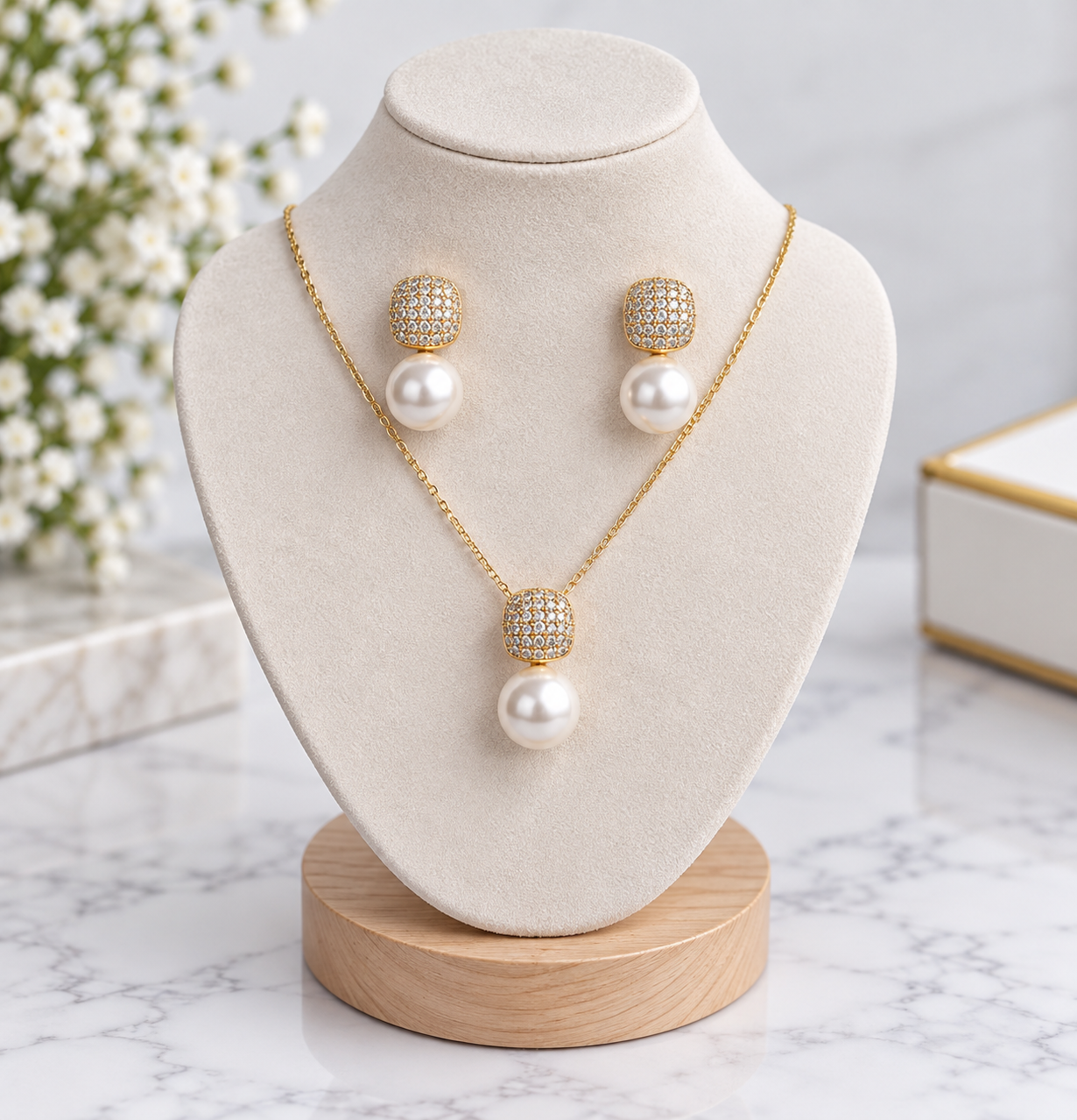 Gold Pearl & Crystal Jewellery Set – Elegant Necklace & Drop Earrings